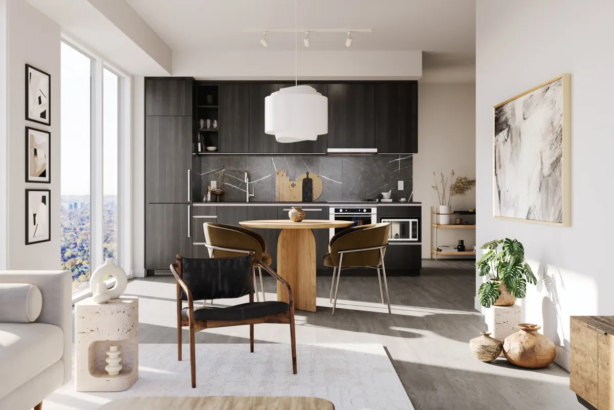 Contemporary kitchen design with dark cabinetry and high-end finishes at Kipling Station.