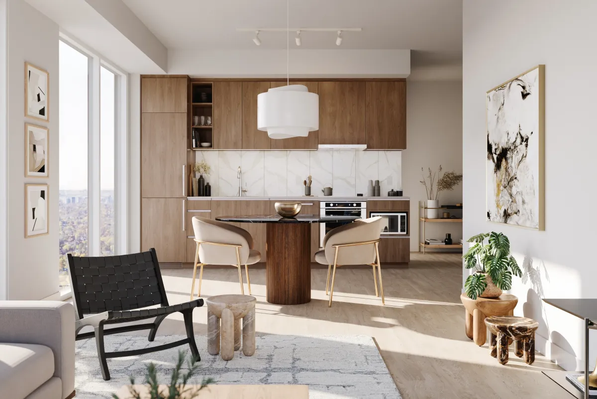 Elegant open-concept living and dining area in a Kipling Station Condos suite.