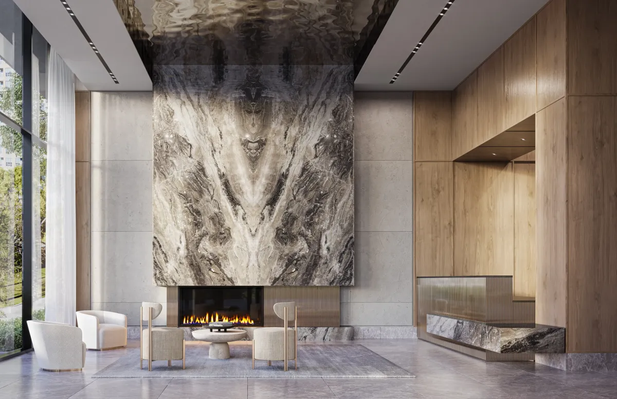 Luxury resident lobby featuring a grand fireplace and designer seating at Kipling Station Condos.