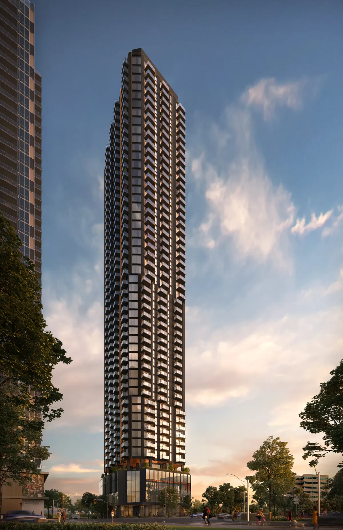Full architectural rendering of the 50-storey Kipling Station Condos tower in Etobicoke.