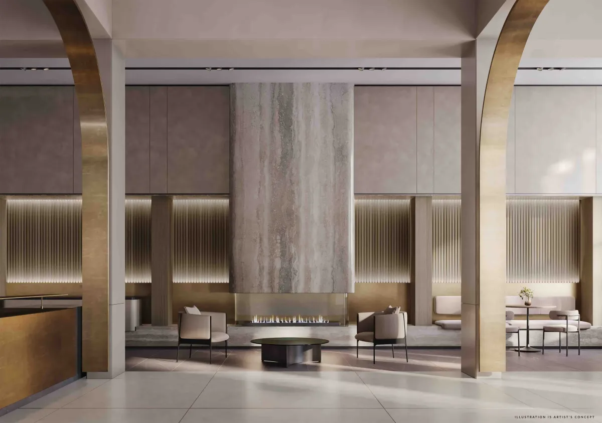 Expansive resident lounge with double-height ceilings and sophisticated architectural detail.