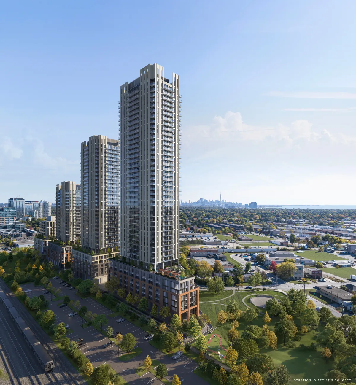 Aerial rendering showing the four iconic towers of the Arcadia District master-planned community.