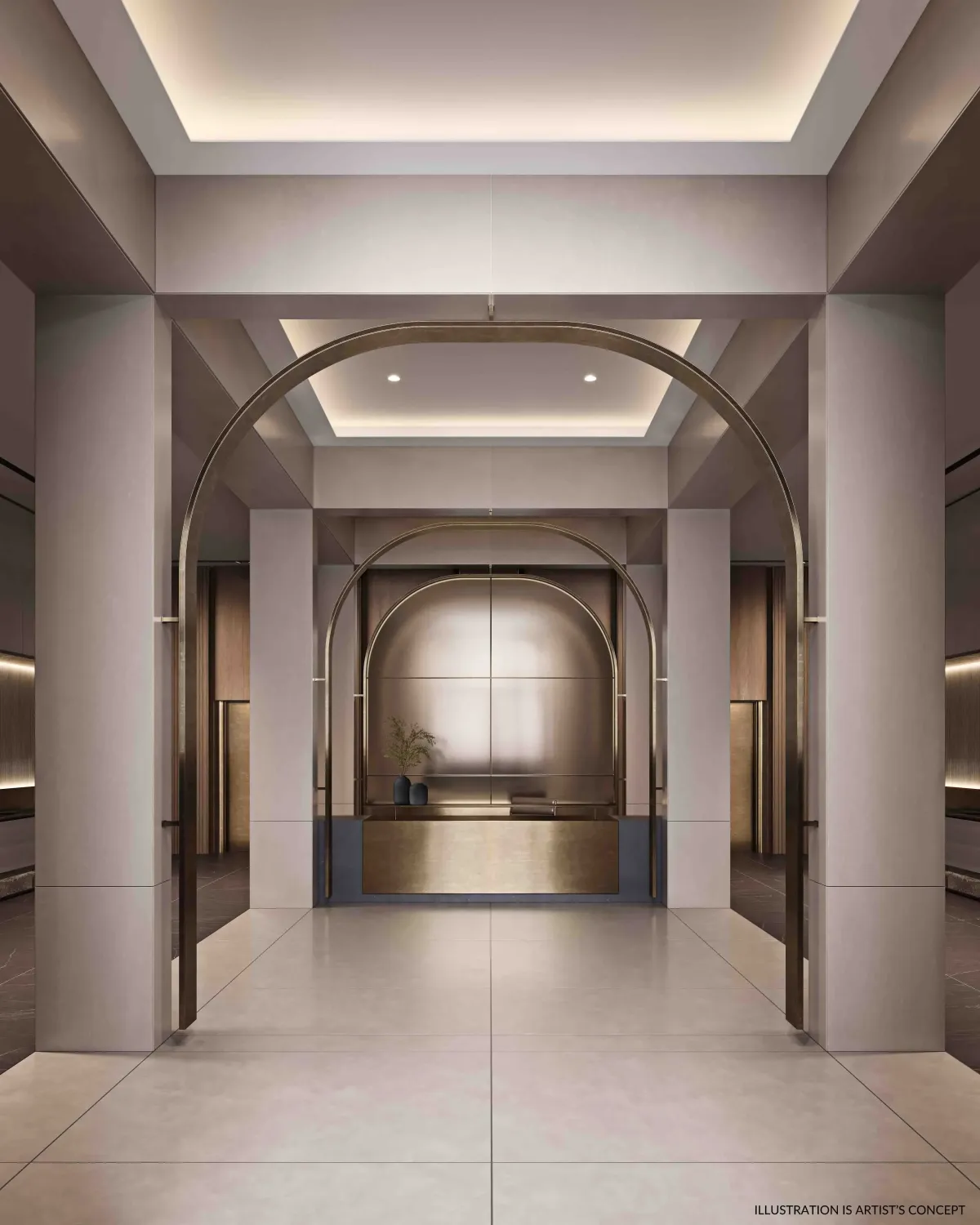 Grand arrival lobby with a 24-hour concierge desk at Arcadia District Condos.