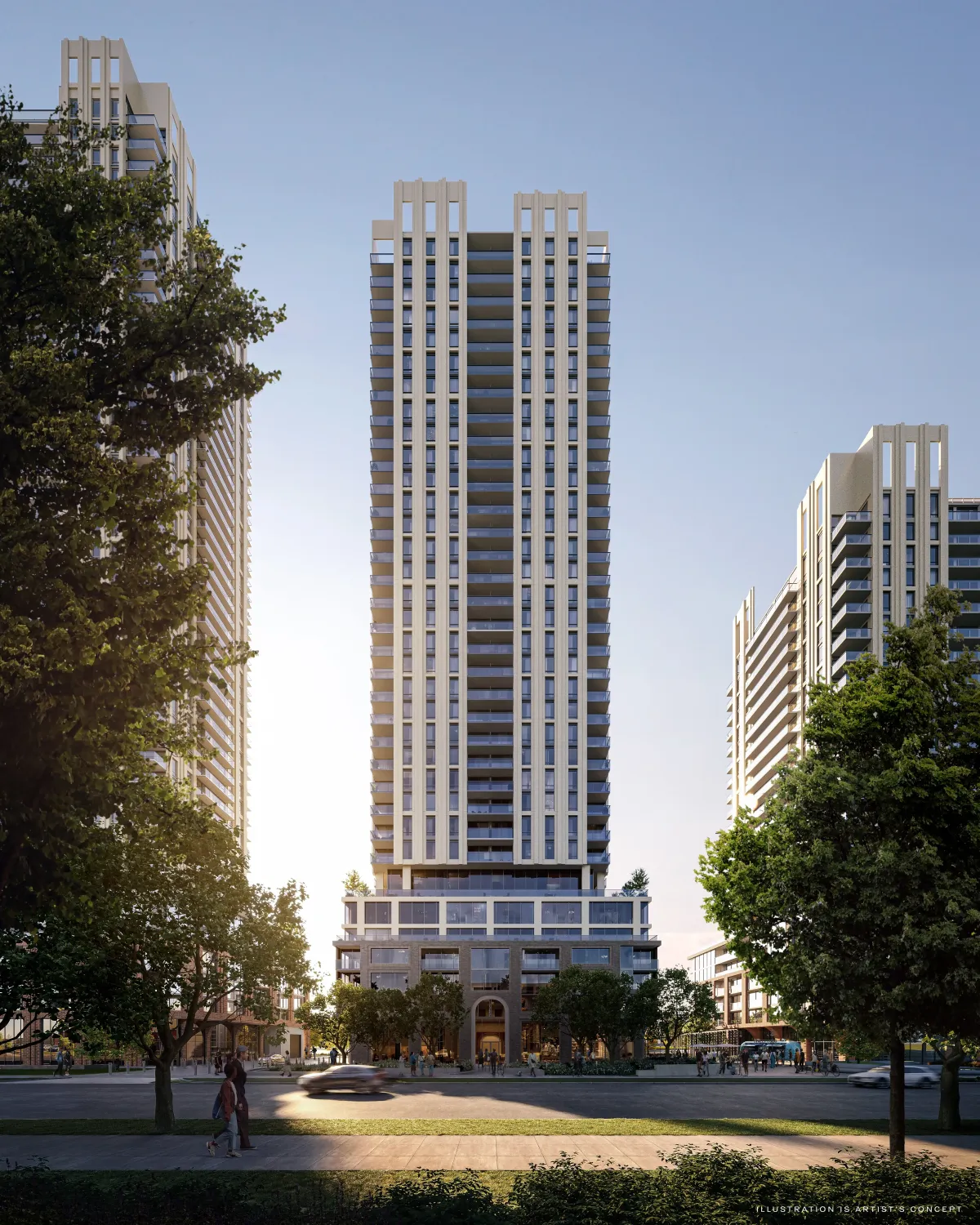 Low-angle architectural view of the 42-storey tower at Arcadia District in Etobicoke.
