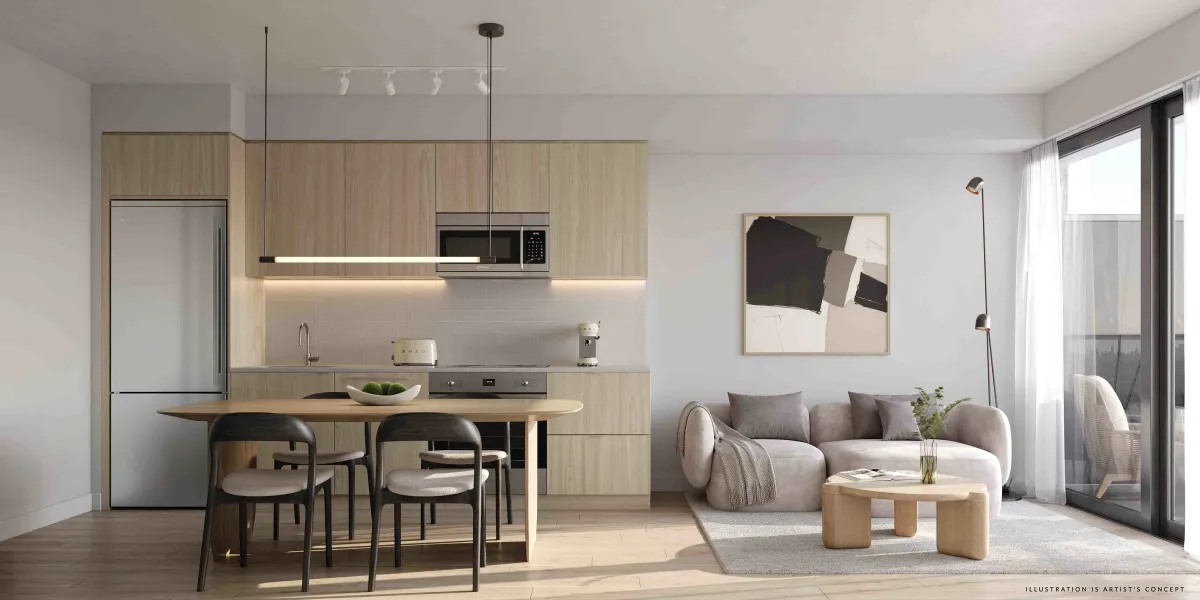 Sleek contemporary kitchen with a large island and minimalist dining set at Arcadia District.