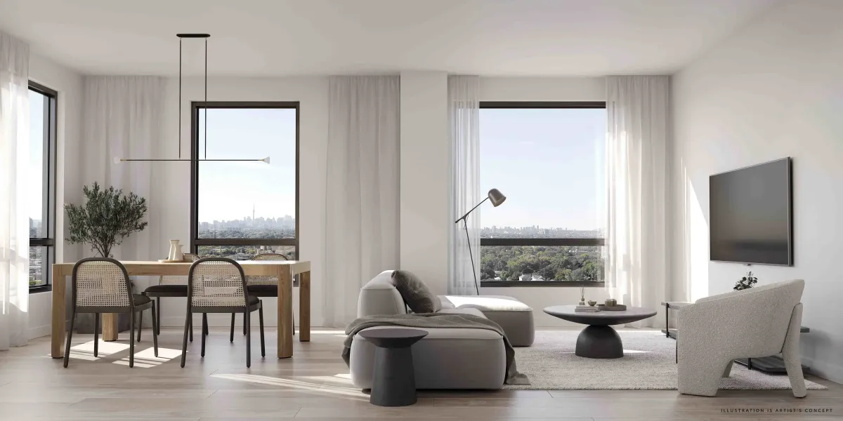 Modern open-concept layout featuring a bright dining area and living space in Etobicoke.