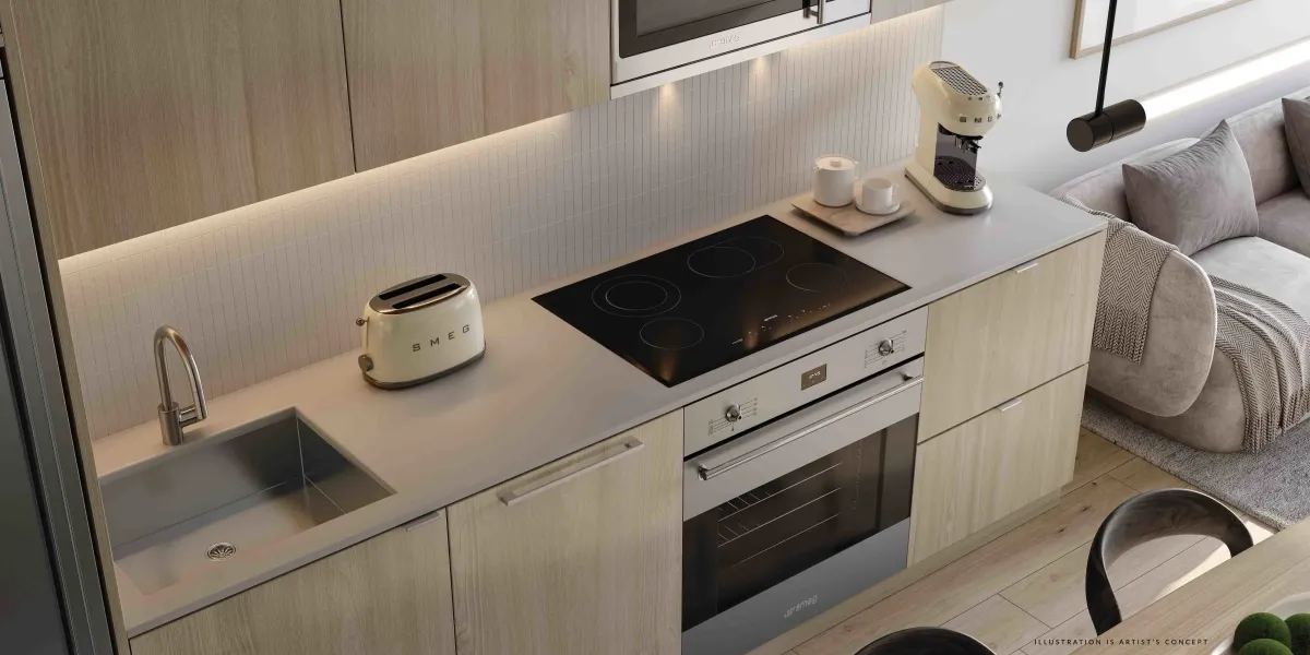 Close-up of high-end kitchen finishes and SMEG appliance packages at Arcadia District.