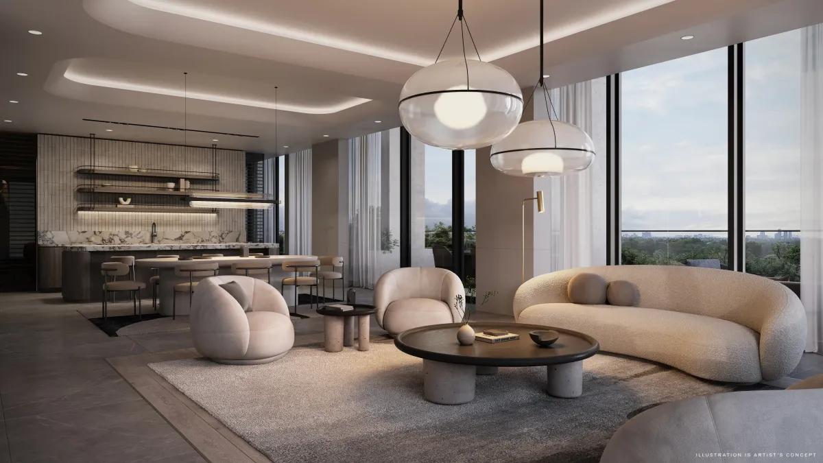 Spacious, high-ceiling living room with designer furniture at Arcadia District Condos.