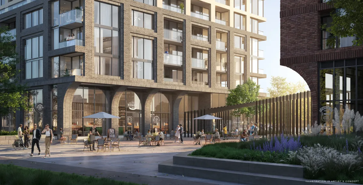 Detailed view of the modern brick podium and outdoor amenity terrace at Arcadia District.