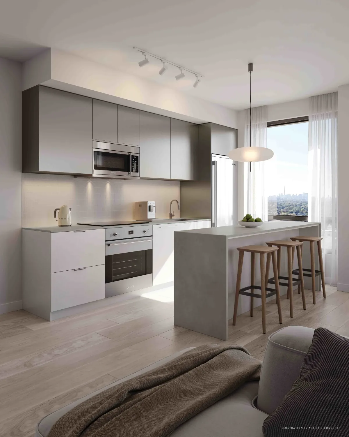 Bright, sunlit kitchen featuring light wood cabinetry and modern lighting at 60 Fieldway Rd.