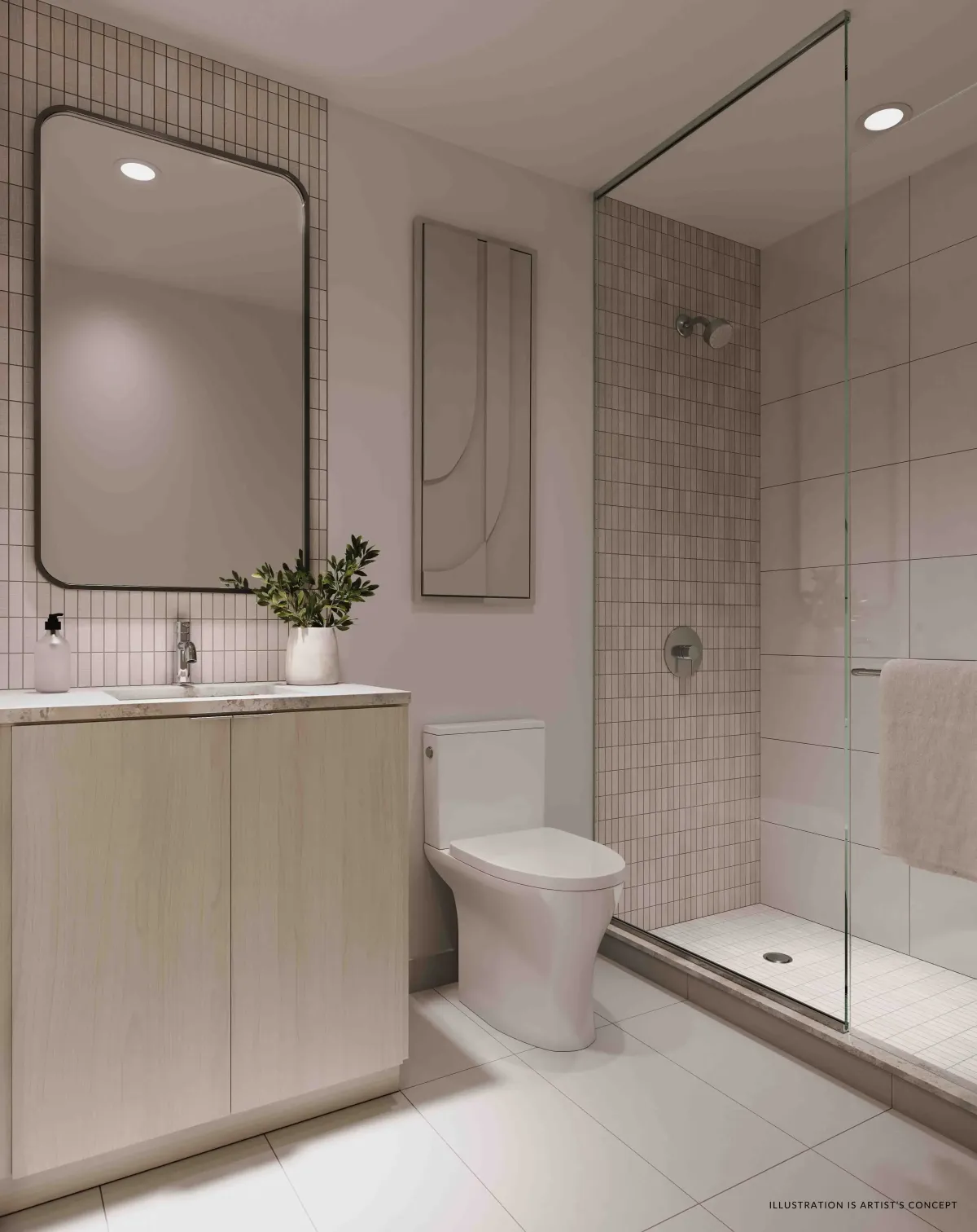 Modern bathroom design with a floating vanity, large mirror, and glass shower enclosure.