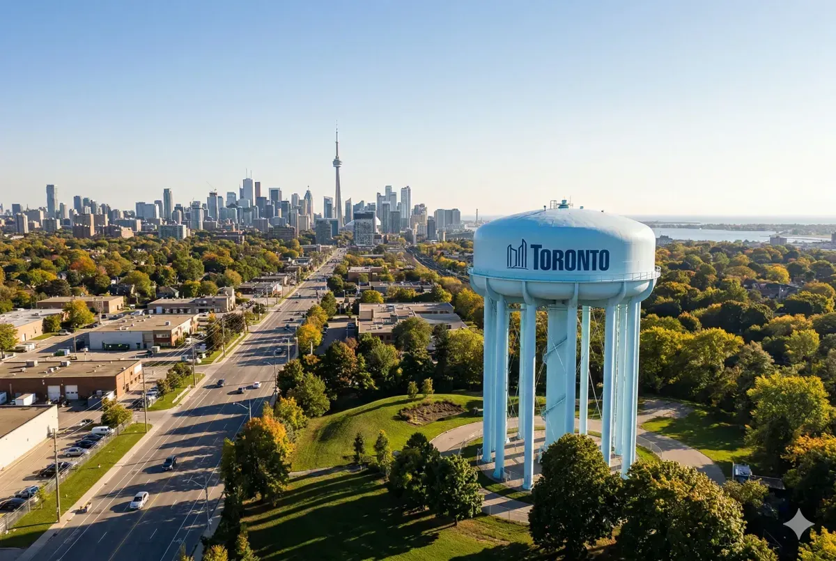 Industrial Toronto water tower, featuring local architectural character and urban infrastructure in Ontario, Canada.