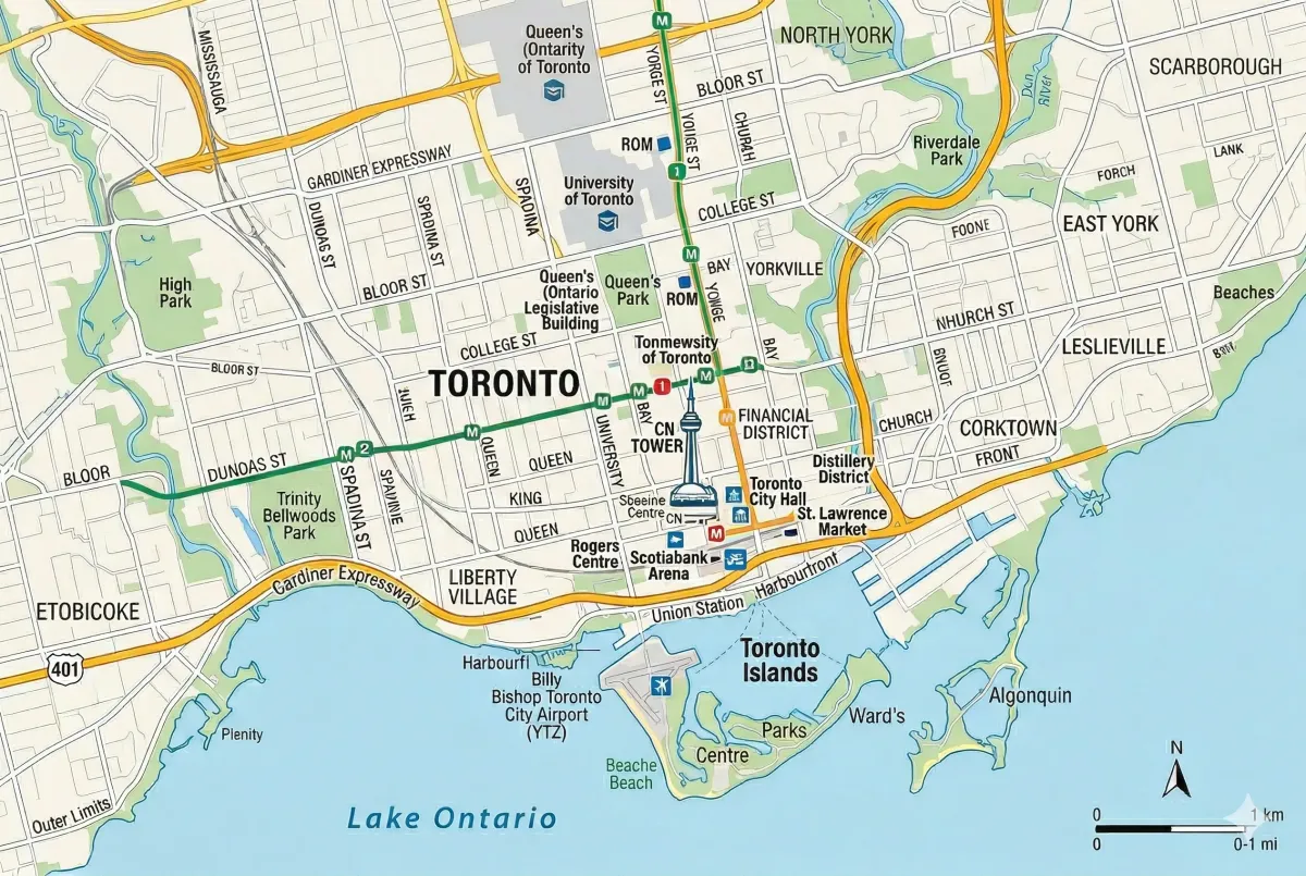 Map of Toronto, Ontario, located on the northwest shore of Lake Ontario in Canada.