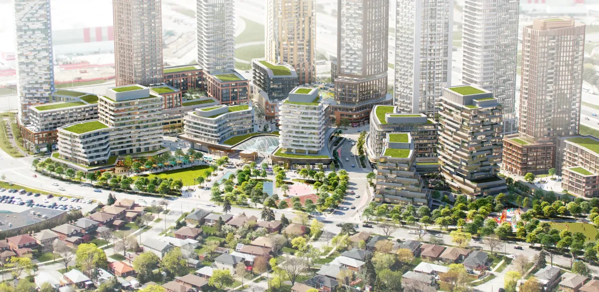 Aerial view showing the phased construction and green spaces of the Cloverdale community.