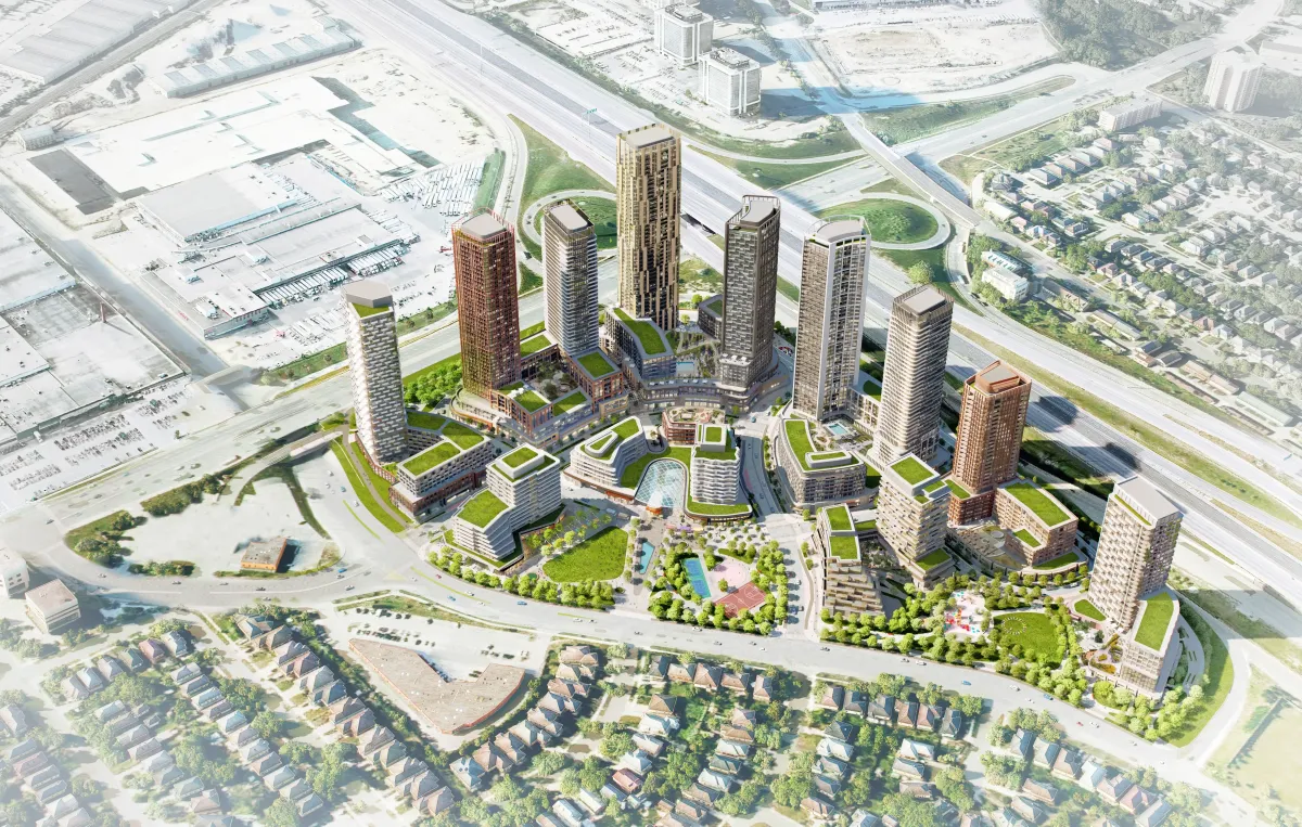 Aerial master plan rendering of the 32-acre Cloverdale Mall mixed-use redevelopment.