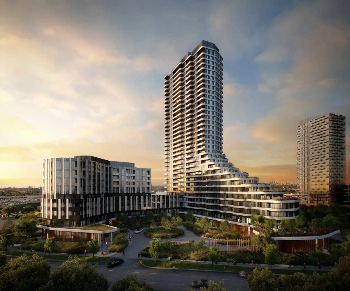 Architectural rendering of The Clove's landmark residential tower at dusk.