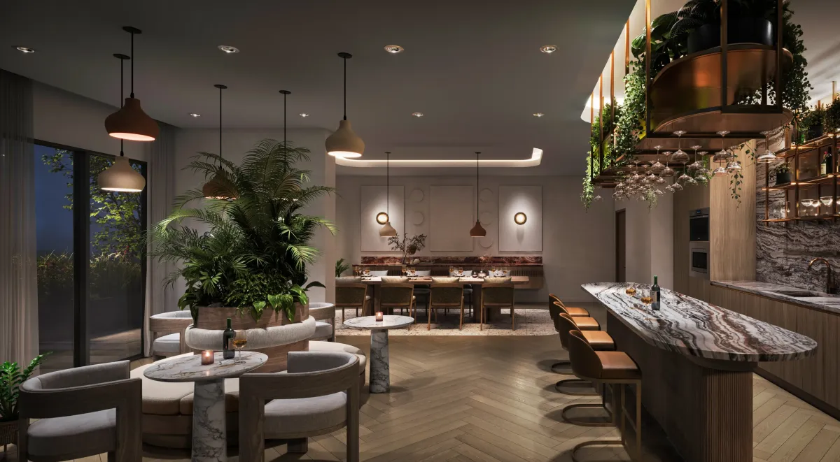 Elegant resident social lounge and private dining area at The Clove condos in Etobicoke.