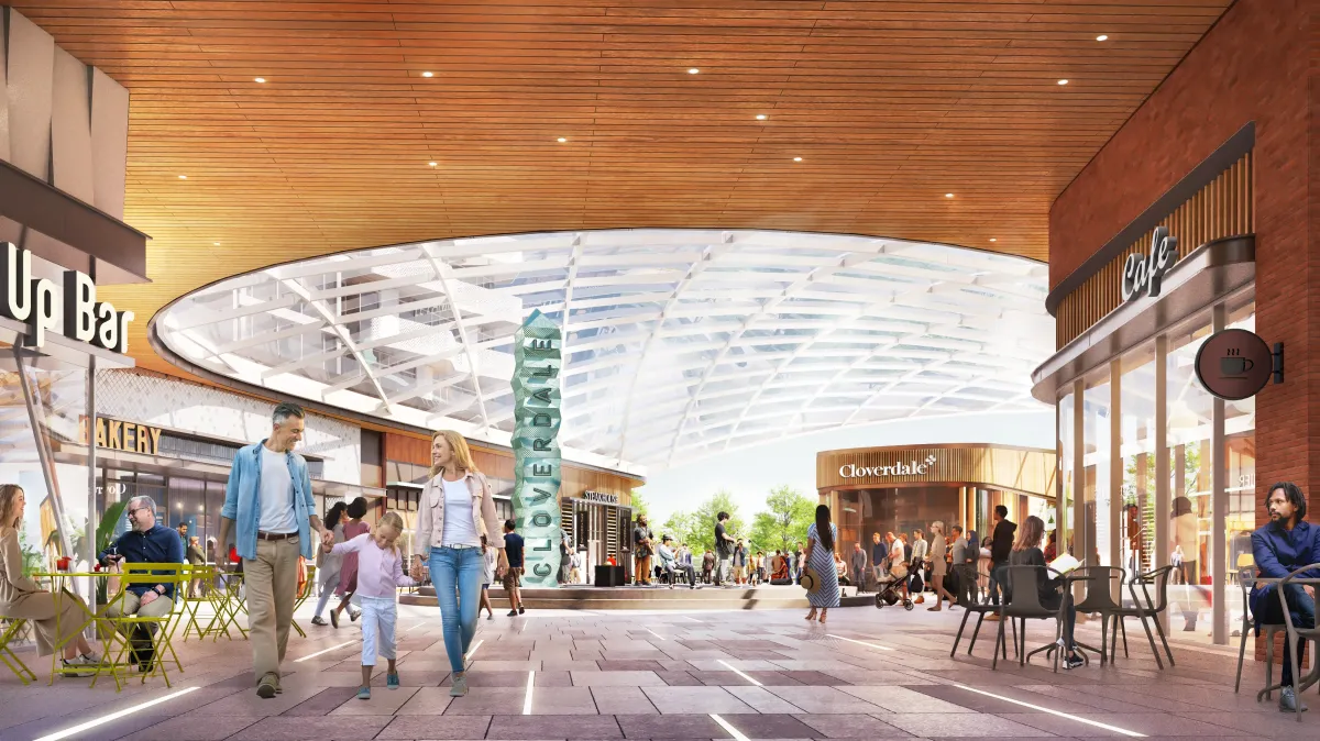 Covered pedestrian walkway and shopping mews at The Clove community.