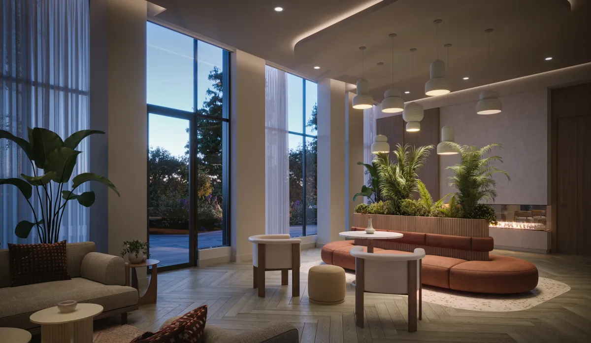 Sophisticated lobby lounge featuring contemporary seating and warm lighting at The Clove.