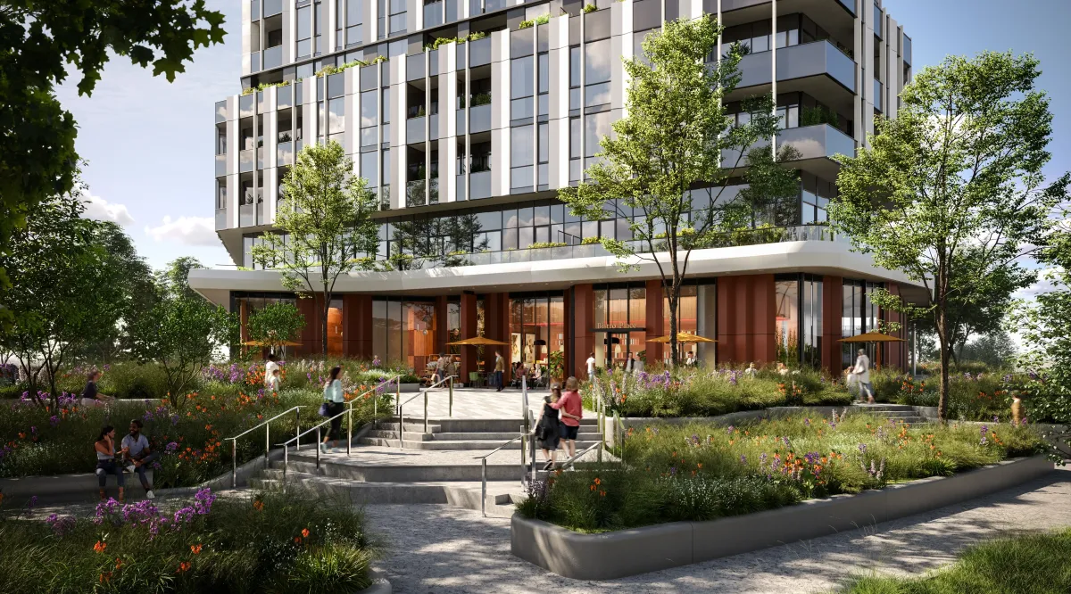 250 The East Mall, site plan showing The Clove's location within the master-planned redevelopment area, outlining new parklands and public green spaces.