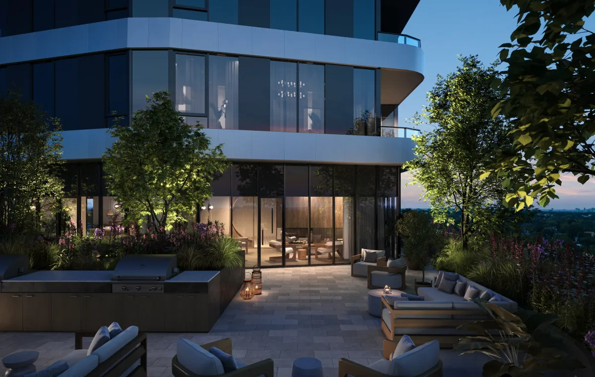 Landscaped outdoor terrace with lounge seating and city views at The Clove condos.