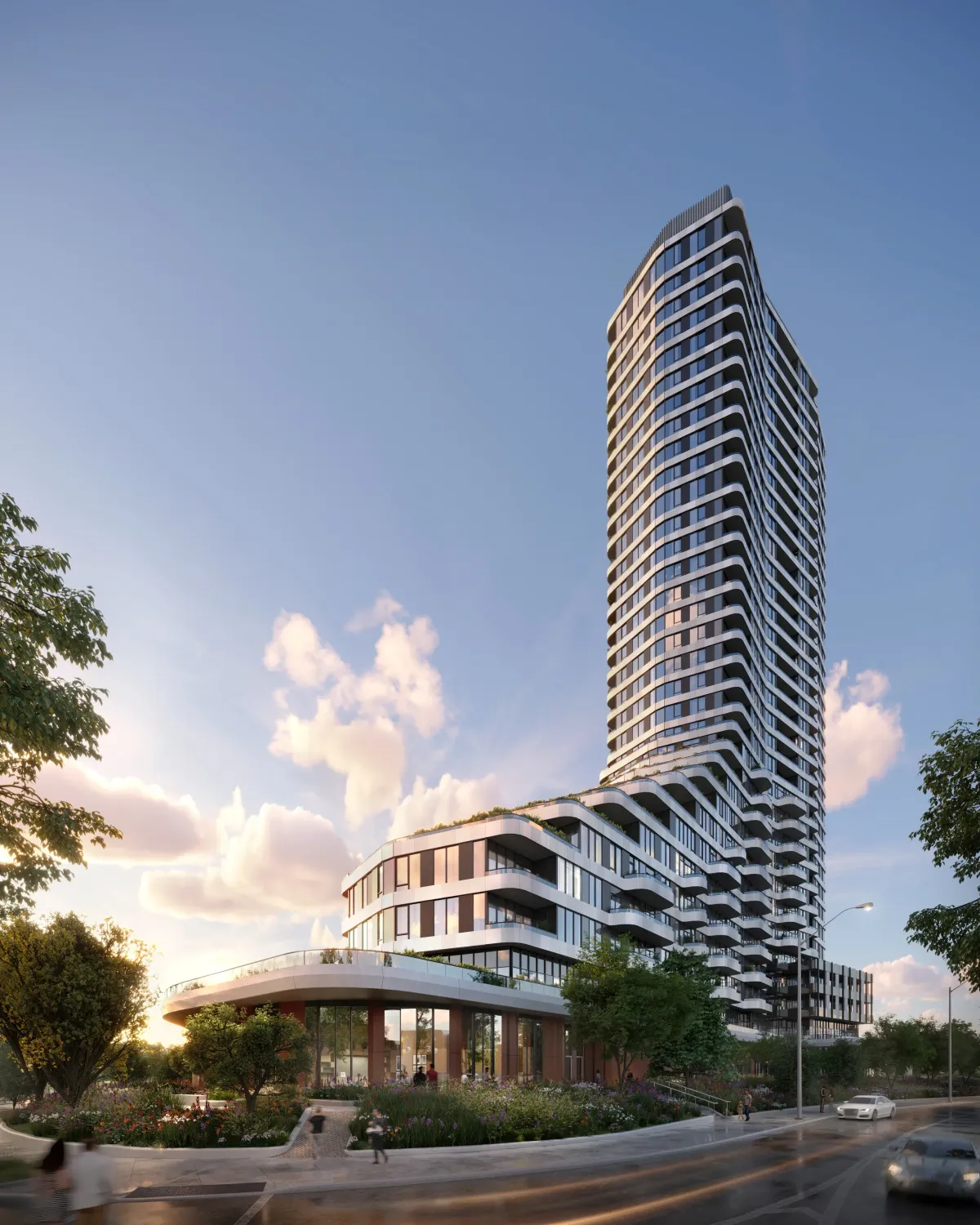 Close-up view of the unique curved architecture and podium of The Clove in Etobicoke.
