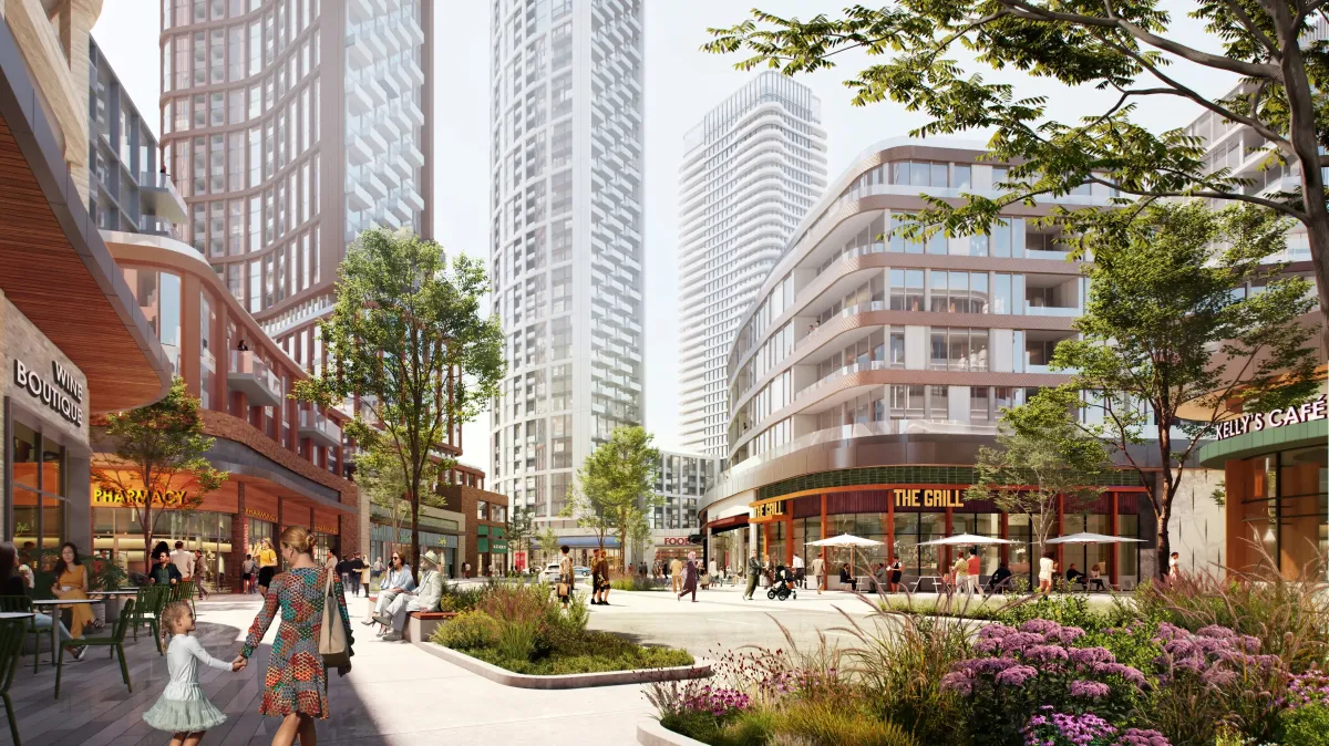 Street-level view of boutique retail and restaurants at the base of The Clove condos.