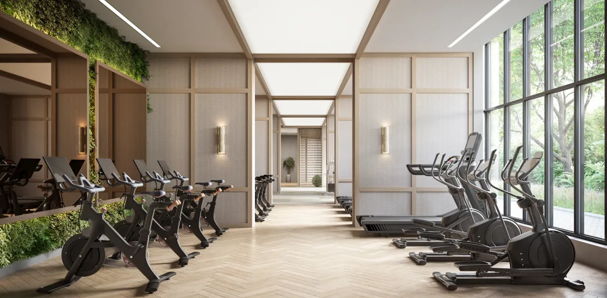 State-of-the-art fitness center with spin bikes and cardio equipment at The Clove.