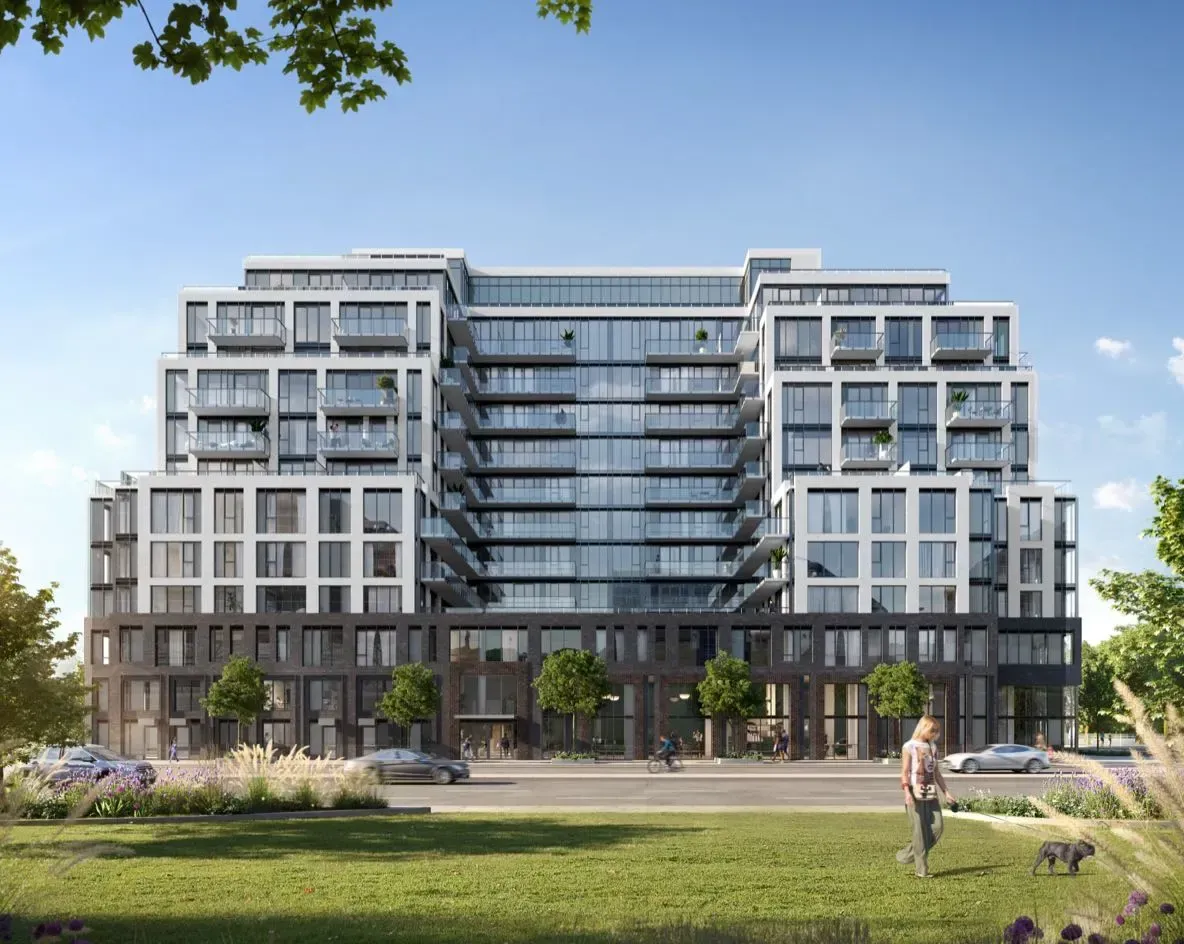 Architectural daytime rendering of the 12-storey Joya Condos boutique midrise at 1045 The Queensway.