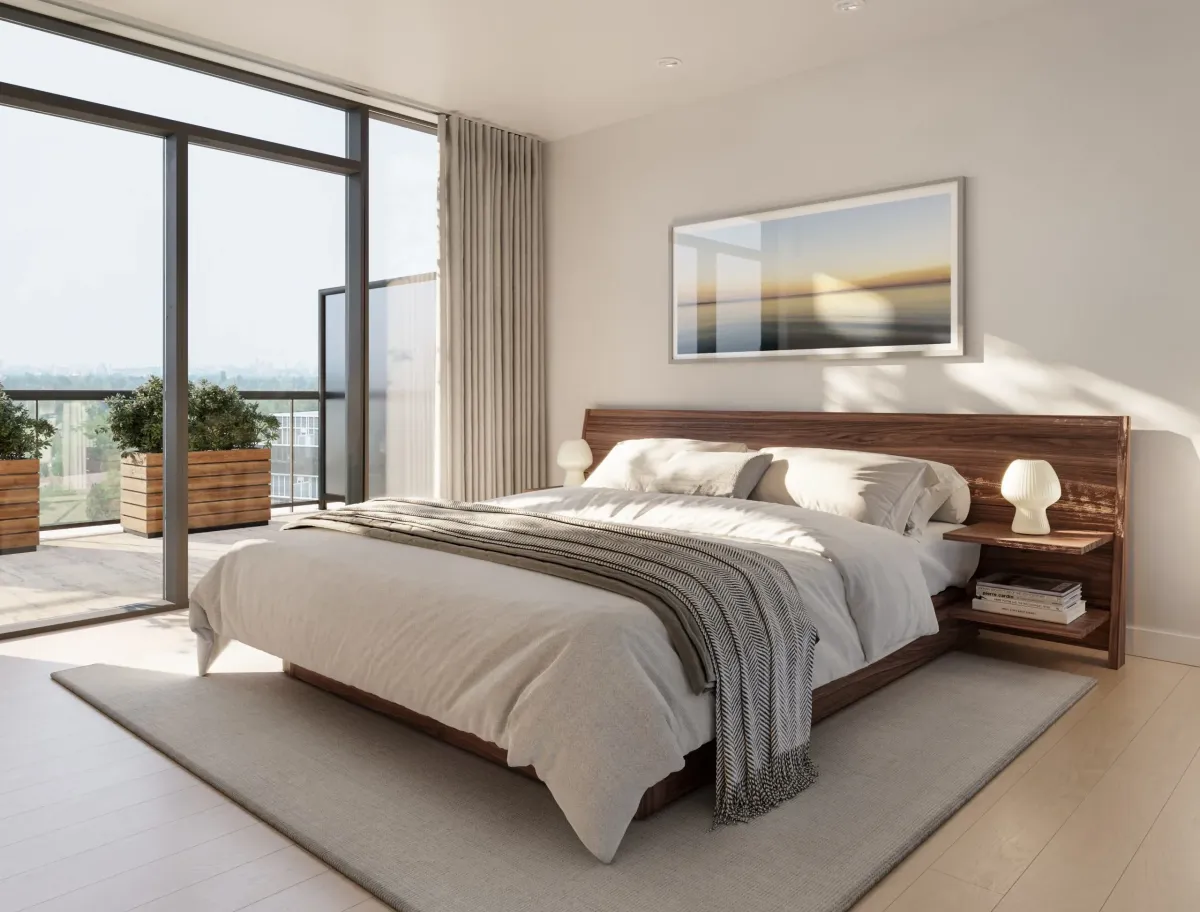 Modern master bedroom at Joya Condos featuring floor-to-ceiling windows and walk-out terrace access.