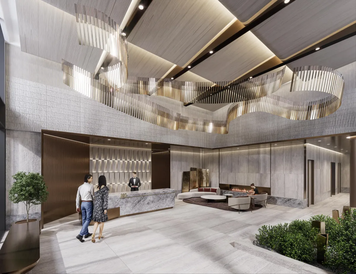 Luxurious hotel-style lobby featuring double-height ceilings and designer lighting at 9Hundred.