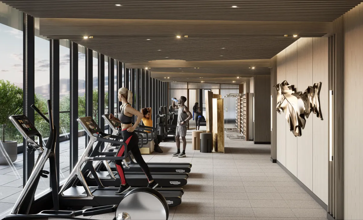 State-of-the-art fitness centre with cardio equipment and floor-to-ceiling glass at 9Hundred.
