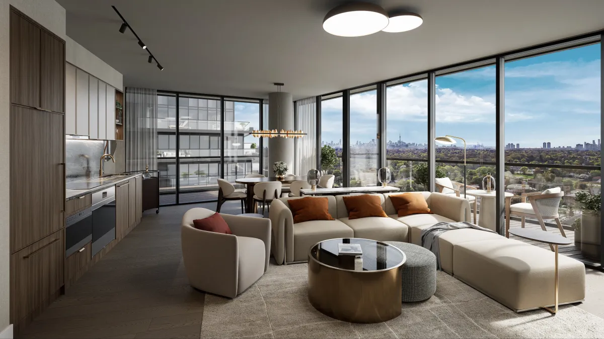 Modern open-concept living and dining area with floor-to-ceiling windows at 9Hundred Condos.