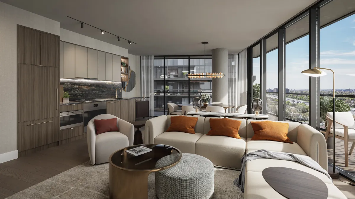 Bright suite interior featuring contemporary finishes and panoramic city views at 9Hundred.