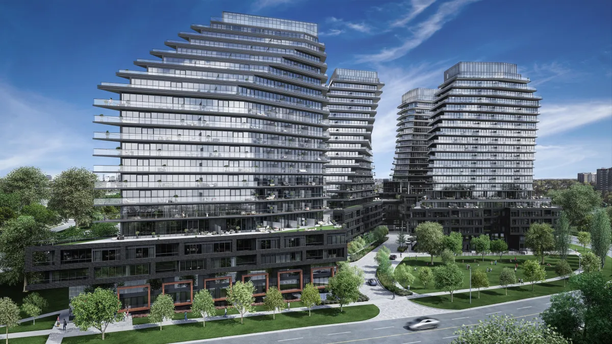 Aerial rendering of the complete 9Hundred Condos residential development and landscaping.