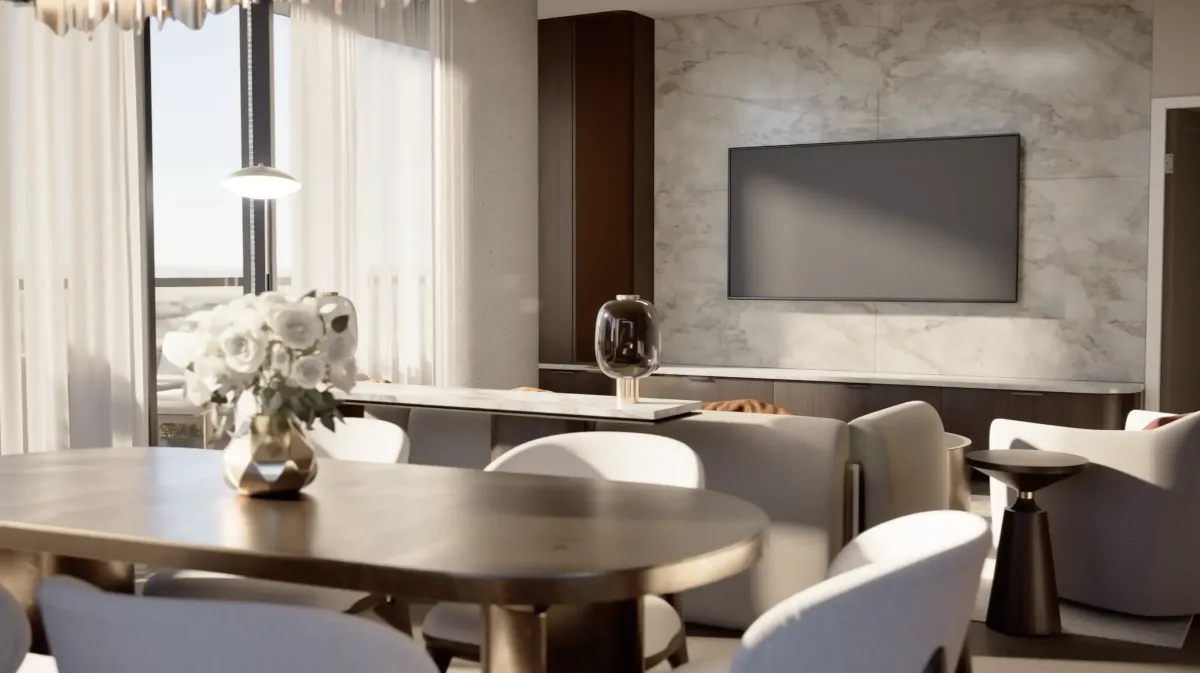 High-end kitchen with integrated appliances and elegant dining space at 9Hundred Condos.