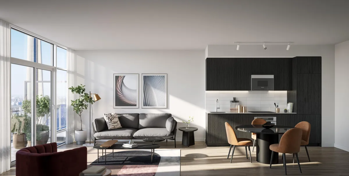 Bright, contemporary suite interior featuring a sleek kitchen and lounge at Q Tower.