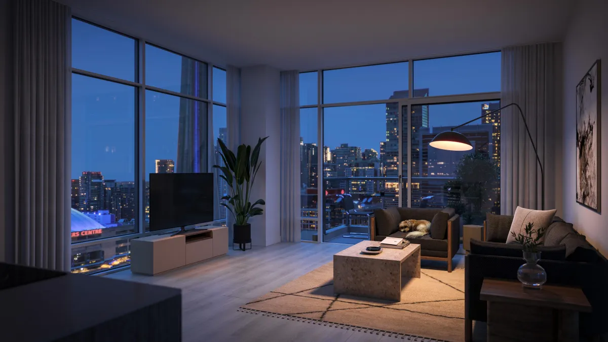 Cozy evening view of a luxury living room overlooking the Toronto skyline at Q Tower.