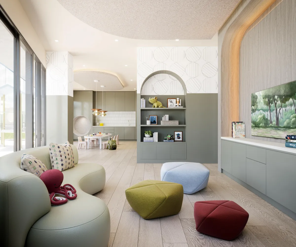 Designer-led children's play area with modern seating and creative layout at Q Tower.