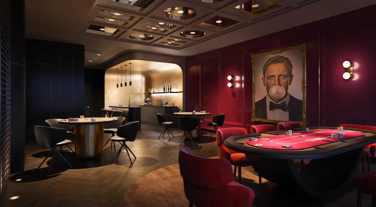 Sophisticated resident games room with billiards table and moody designer lighting at Q Tower.