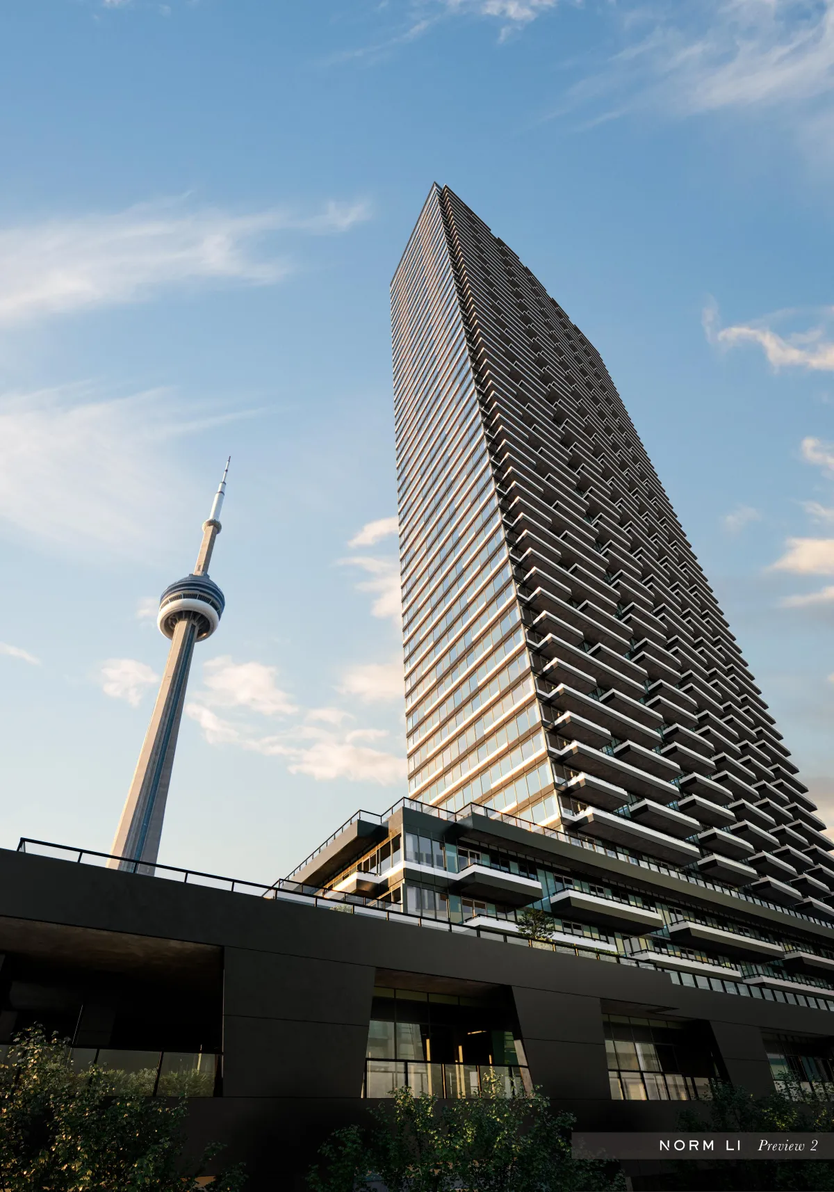 Striking architectural rendering of the Q Tower skyscraper against a clear blue sky.