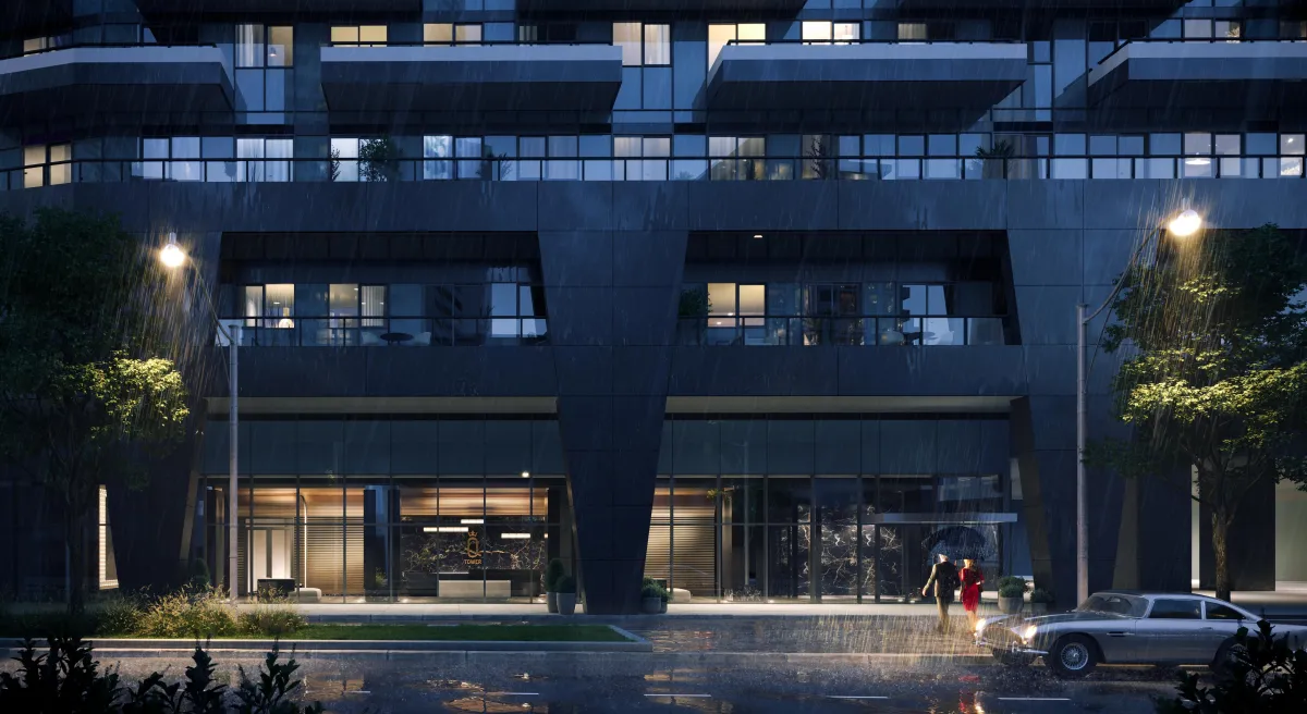 Modern glass-fronted street-level entrance and retail podium at Q Tower Condos.