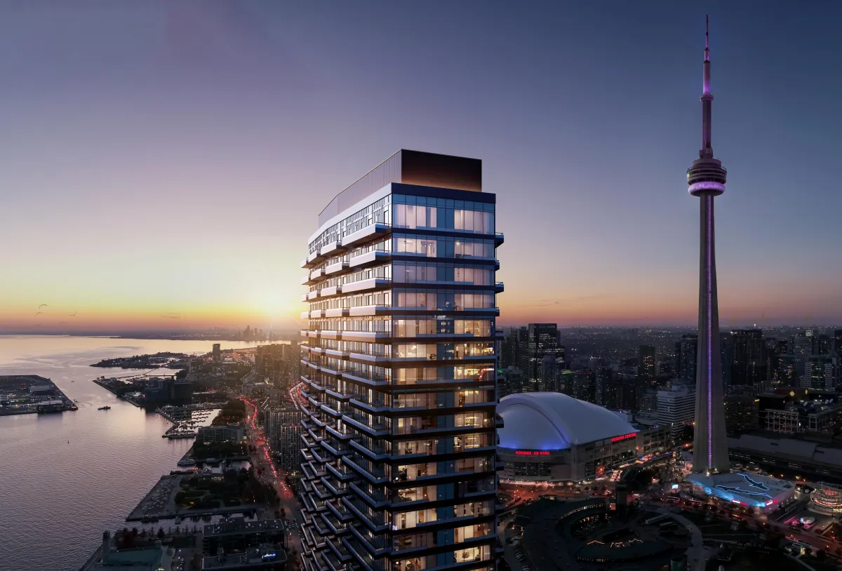 Aerial dusk view of Q Tower overlooking the CN Tower and Lake Ontario.