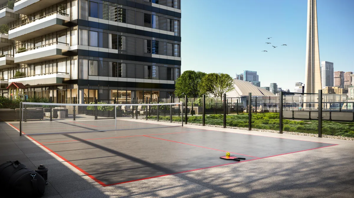 Private outdoor pickleball and sports court amenity for residents at Q Tower.