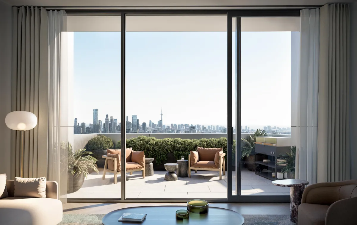 Spacious outdoor terrace overlooking the Midtown Toronto skyline from a One Delisle suite.