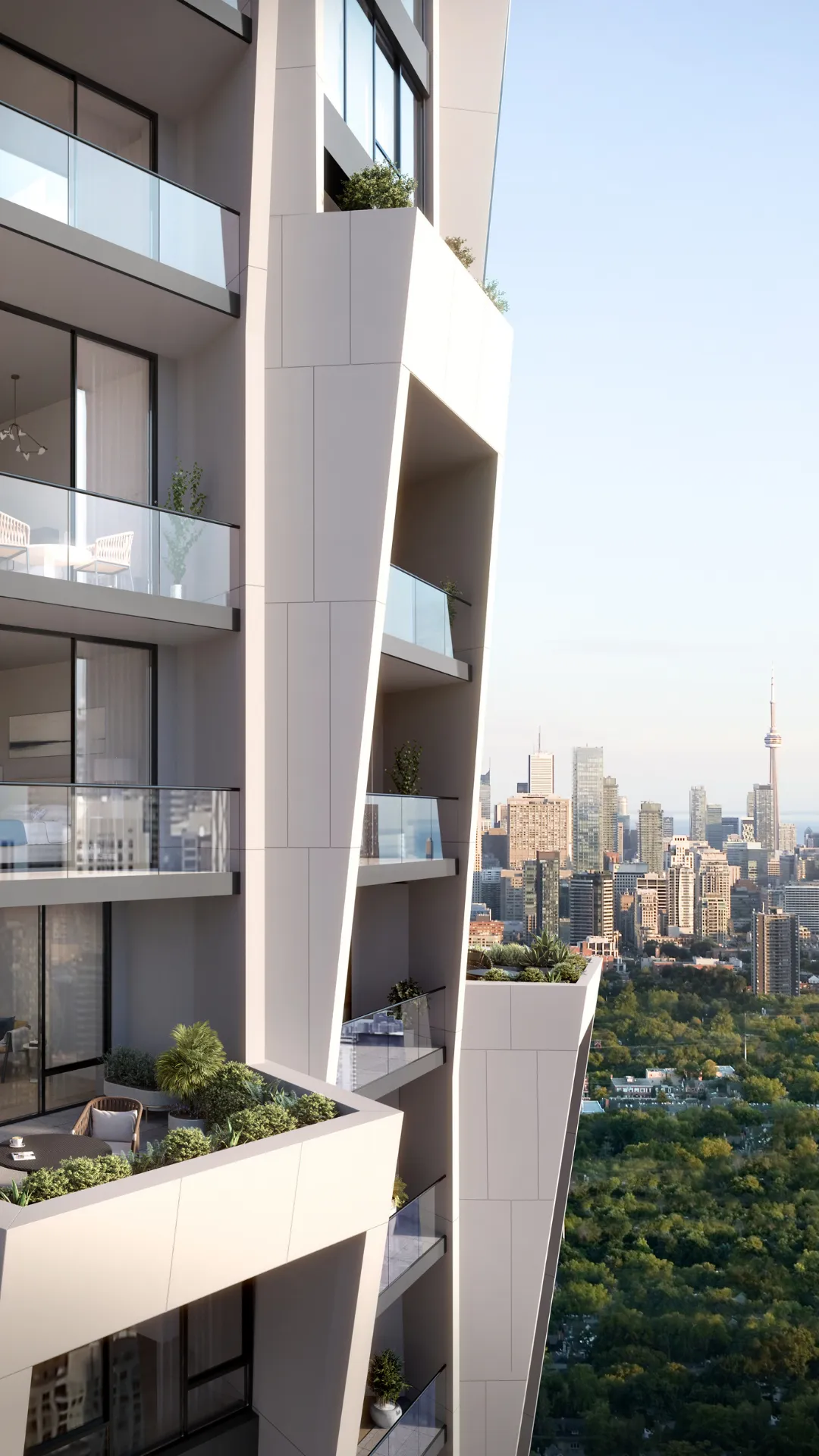 Detailed view of the unique circular architectural terraces at One Delisle Condos.