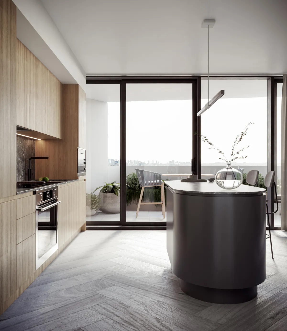 Sleek designer kitchen with premium finishes and a walk-out terrace at One Delisle.