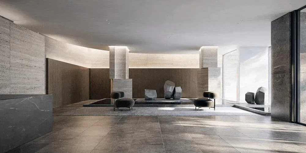 Modern fitness centre with cardio equipment and panoramic window views at Allure Condos.