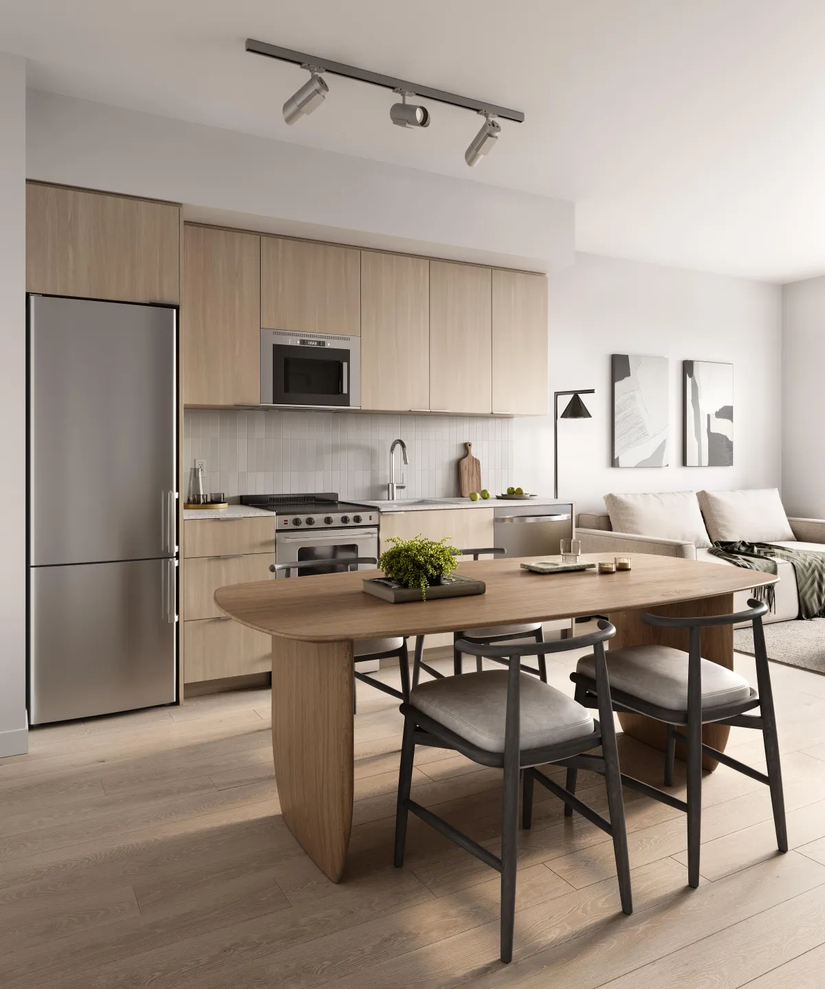 Luxury bathroom suite at Maxium Condos 875 The Queensway featuring a floating double vanity and wood-accent shelving.
