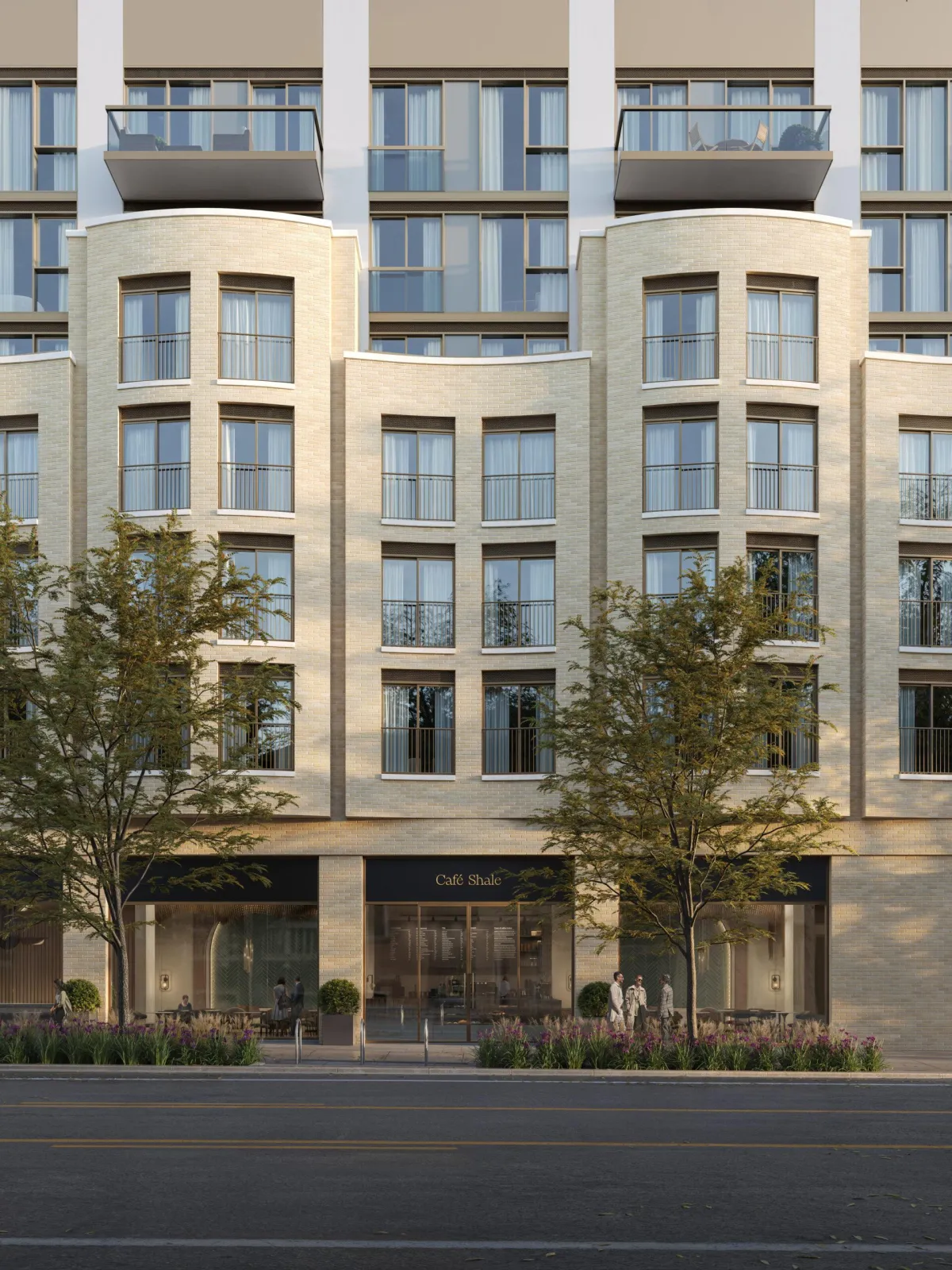 Close-up of the contemporary brick and glass architecture at Claystone Condos in South Oakville.